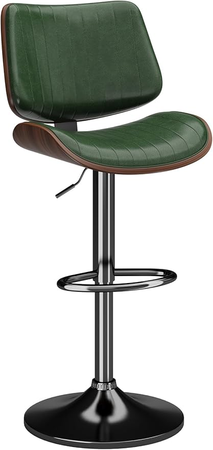 Swivel Bar Stools Set of 1, Adjustable Bentwood Barstools for Kitchen Counter, Modern PU Leather Upholstered Bar Chair with Back and Footrest, for Kitchen Island, Bar, Dining Room, Green