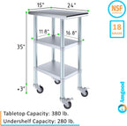 AmGood Stainless Steel Work Table with 2 Shelves and Casters | Metal Utility Table On Wheels (Stainless Steel Work Table with 2 Shelves + Casters, 15" Long x 24" Deep)