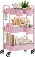 YASONIC 3-Tier Metal Rolling Cart, Heavy Duty Utility Cart with Lockable Wheels, Hanging Cups, Hooks, Mesh Rolling Storage Cart Craft Organizer, Lightweight and Sturdy, Pink
