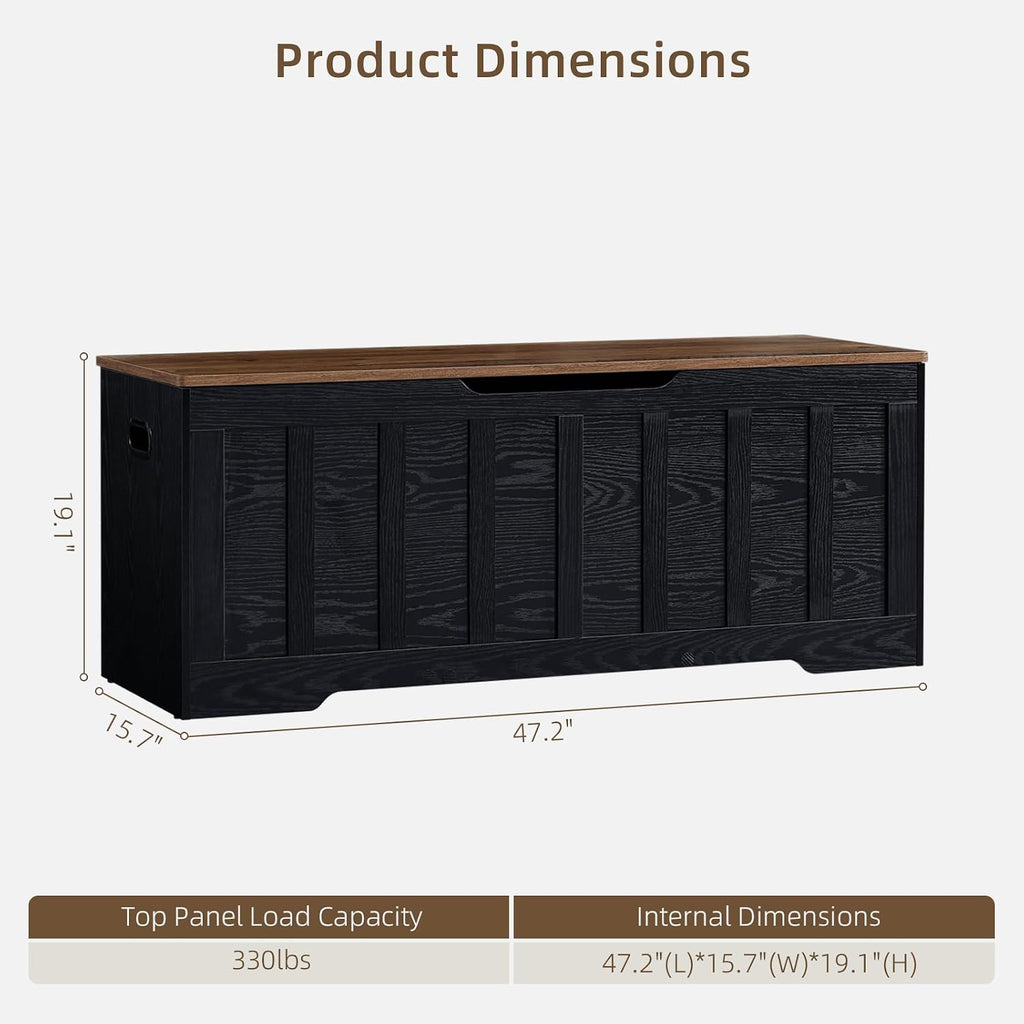 VANKILEY 47.2“Storage Chest Extra Large,Wooden Storage Bench,Black+Brown | Storage trunk with 2 Safety Hinges,47.2x15.7x19.1Inch,Shoe bench,Storage Bench for Bedroom,Living Room,Entryway,Easy Assembly
