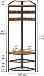 GiftGo Corner Hall Tree with Shoe Bench Entryway Coat Rack with 10 Metal Movable Hooks Floor Standing Clothes Rack Shoes Shelf Organizer for Home Office Bedroom (Rustic Brown)
