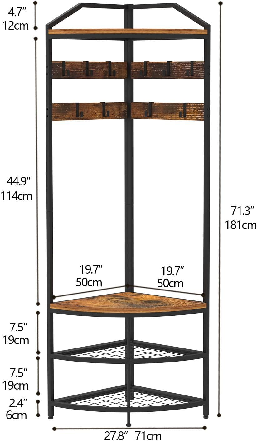 GiftGo Corner Hall Tree with Shoe Bench Entryway Coat Rack with 10 Metal Movable Hooks Floor Standing Clothes Rack Shoes Shelf Organizer for Home Office Bedroom (Rustic Brown)
