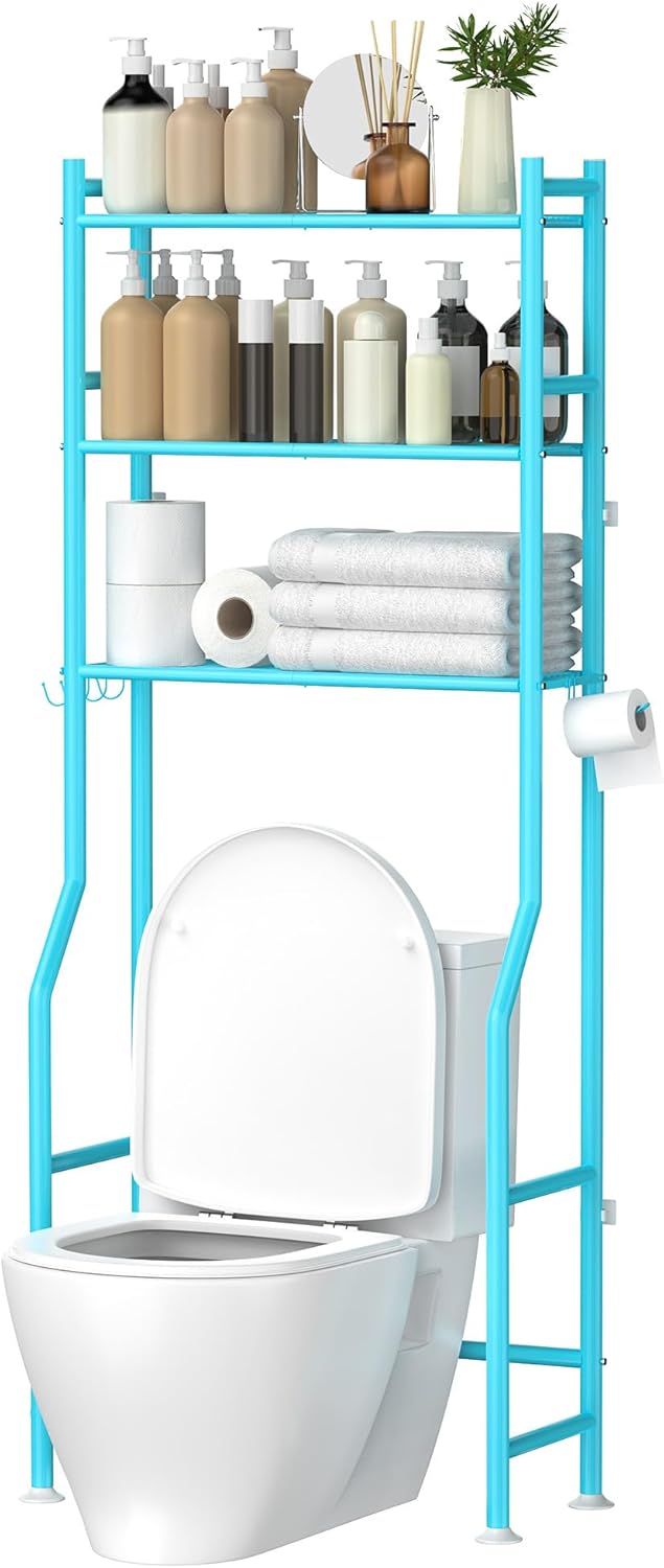 3-Tier Over The Toilet Storage, Space Saver Metal Bathroom Shelves, Freestanding Above Over Toilet Storage Shelf with 4 Hooks for Bathroom, Blue