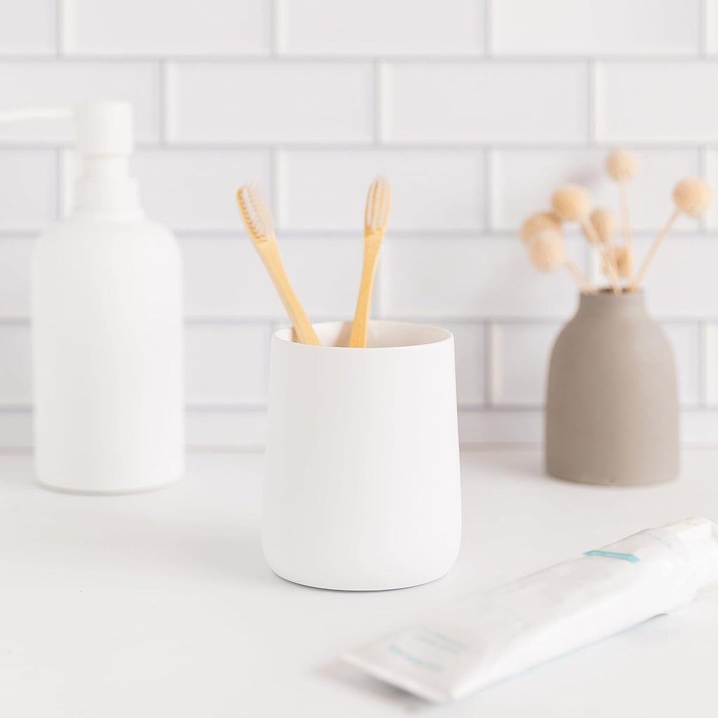 Matte White Toothbrush and Toothpaste Holder and Cup for Bathroom Vanity and Countertop, Round Organizer for Electric Toothbrushes, Floss, Razors, Cotton, and Mouthwash