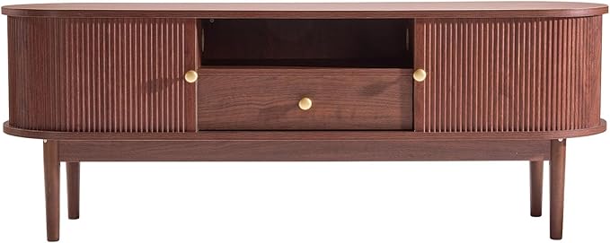 VEVOR Boho Fluted TV Stand with Storage and Drawer, for 55/60/65 inch TVs, Mid Century Modern Entertainment Center TV Console with Sliding Tambour Door & Open Shelves for Living Room, Bedroom, Walnut