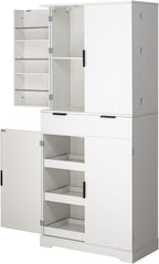 72" Kitchen Pantry Cabinet with 6 Door Shelves & 3 Keyboard Drawers, Freestanding Storage Cabinet with Adjustable Spice Racks, Large Capacity Cupboard for Dining Room