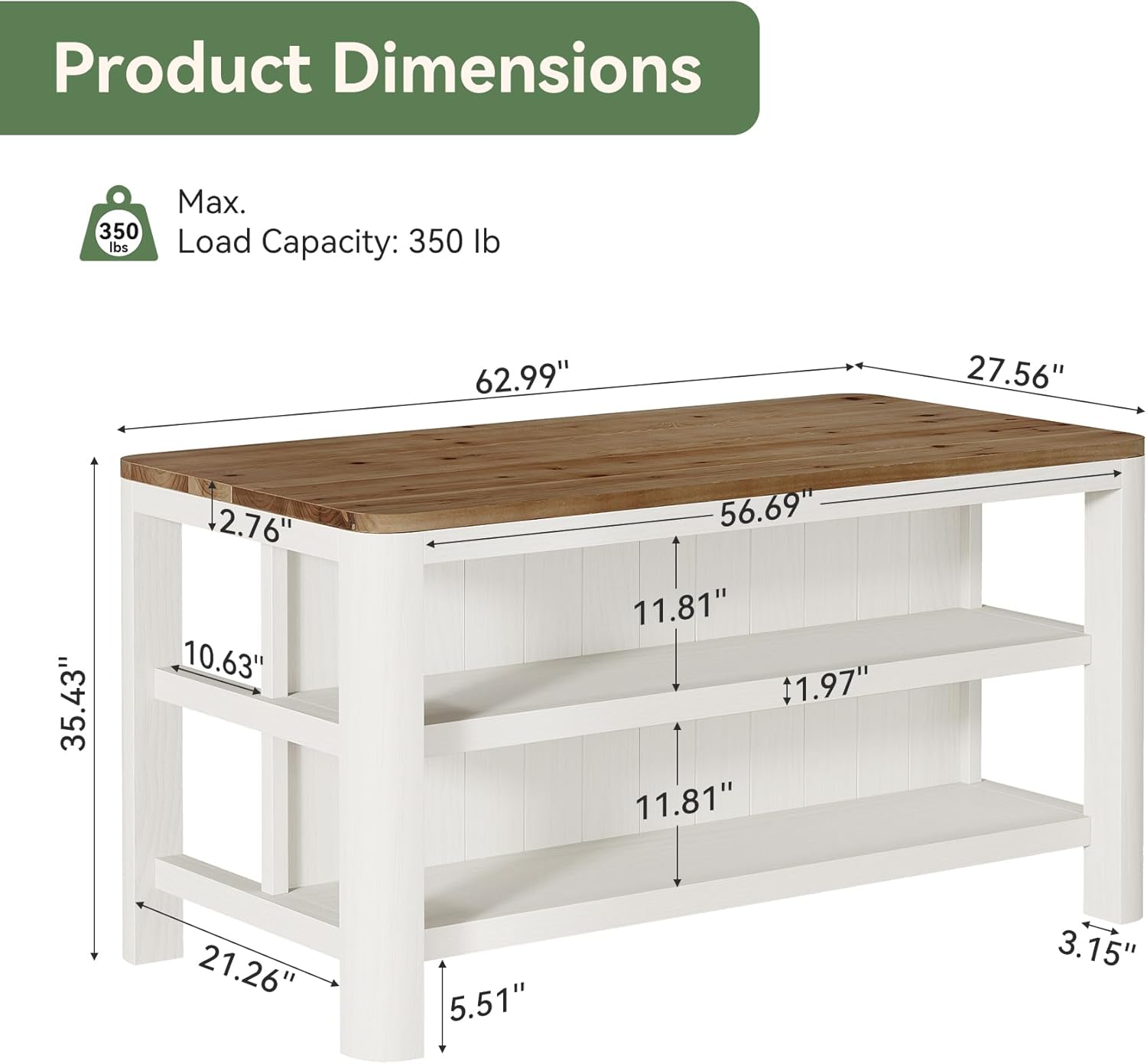 63-Inch Solid Wood Kitchen Island with Storage Shelves, Farmhouse Island Table with Seating, Counter Height Bar Table for Dining Room, Kitchen, Easy to Assemble, White and Brown