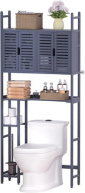 Over The Toilet Storage Cabinet with Paper Holder Stand,Bamboo Bathroom Organizer Shelf with Four Door and Waterproof Feet Pad,Space Saver Rack with Anti-Tip Design (Grey)