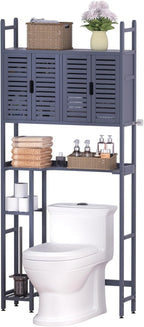 Over The Toilet Storage Cabinet with Paper Holder Stand,Bamboo Bathroom Organizer Shelf with Four Door and Waterproof Feet Pad,Space Saver Rack with Anti-Tip Design (Grey)