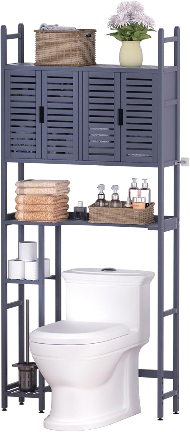 Over The Toilet Storage Cabinet with Paper Holder Stand,Bamboo Bathroom Organizer Shelf with Four Door and Waterproof Feet Pad,Space Saver Rack with Anti-Tip Design (Grey)