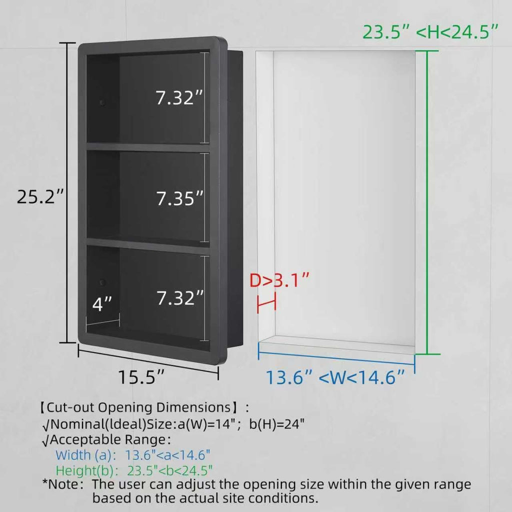 Recessed Medicine Cabinet No Mirror - 14x24 Bathroom Storage Wall Cabinet with 2 Shelves, 304 Stainless Steel Shower Niche, Matte Black Waterproof for Bathroom, Toilet, Vanity