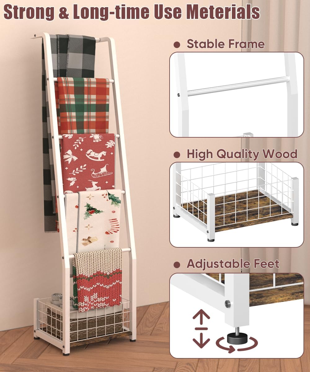 6.3ft Blanket Ladder with Storage Basket, 5 Tier Decorative Ladder Shelf Stand for Living Room & Bedroom, Wall-Leaning Blanket Holder Quilt Rack for Home Décor, Rustic Brown & White