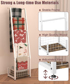6.3ft Blanket Ladder with Storage Basket, 5 Tier Decorative Ladder Shelf Stand for Living Room & Bedroom, Wall-Leaning Blanket Holder Quilt Rack for Home Décor, Rustic Brown & White