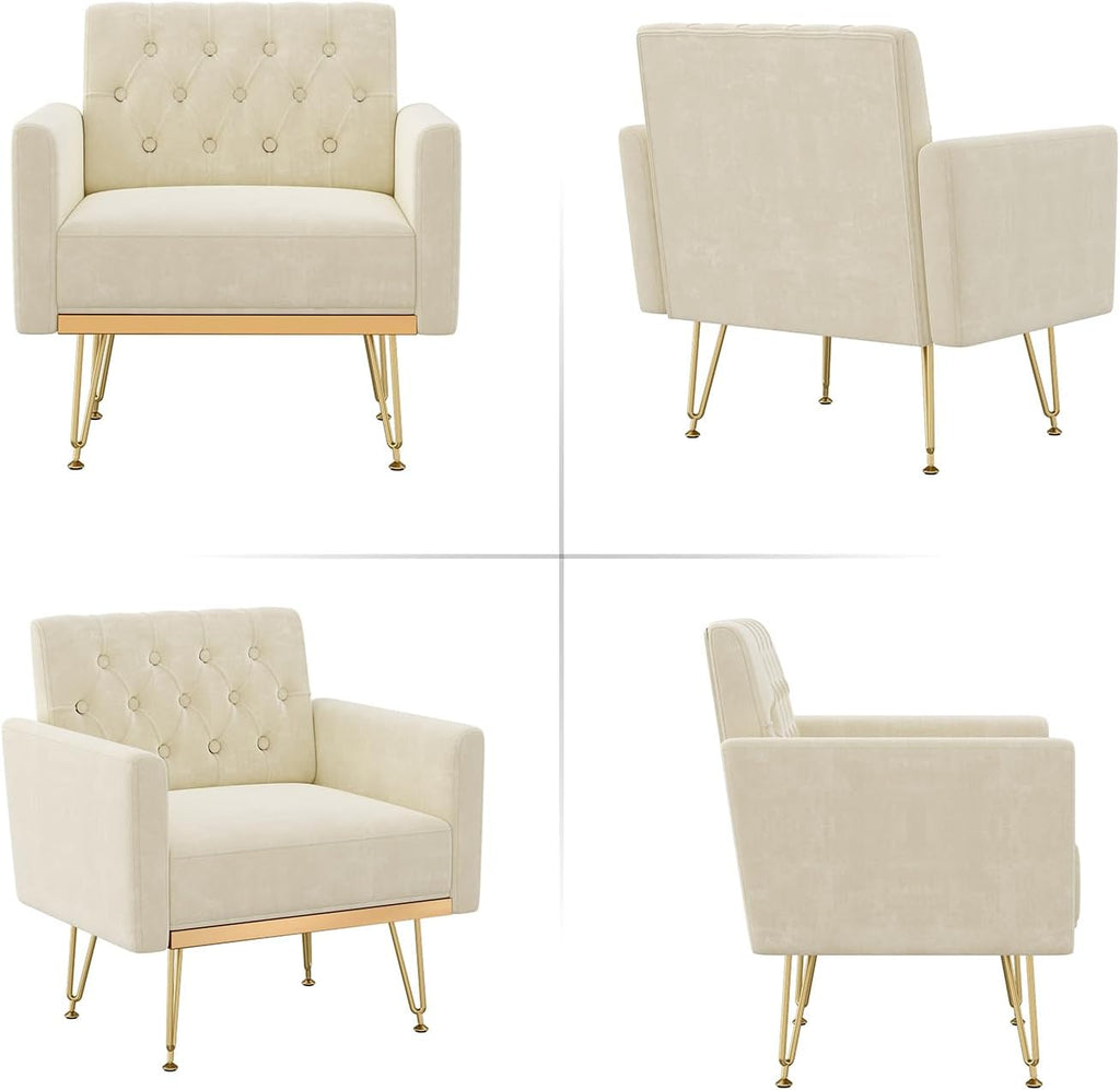 Olela Accent Chair with Arm for Living Room, Velvet Modern Armchair Single Sofa Cozy Tufted Upholstered Reading Side Chairs with Gold Metal Leg for Bedroom Decorate
