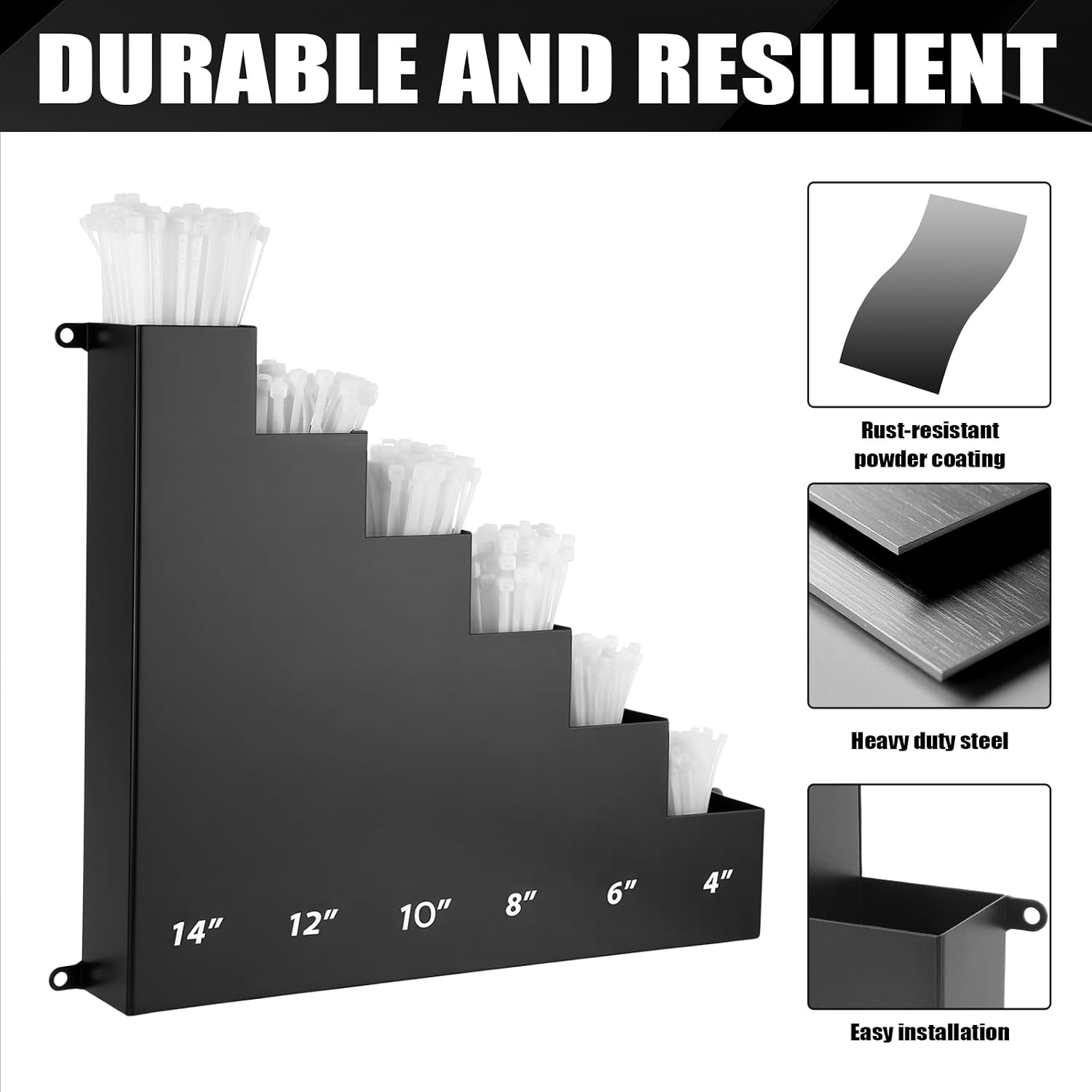 Cable Zip Tie Storage Holder Rack Metal Zip Tie Organizer Wall Mount Pockets with Screws for Workshop Shed Garage Home Ties, Ties and Tools Not Include(Black,14 x 13 Inch,6 Pockets)