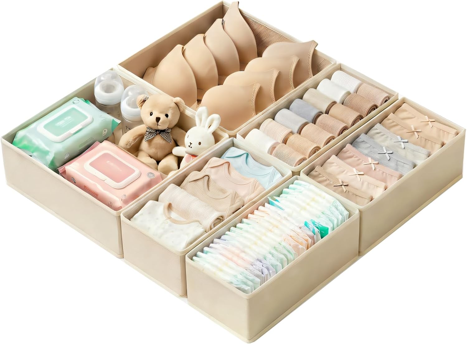 Drawer Organizer Set 6 Pack - Foldable Fabric Storage Bins with Zipper Bottom for Underwear Socks Bras Baby Clothes - Closet Dresser Organizers Dividers for Bedroom Nursery, Beige