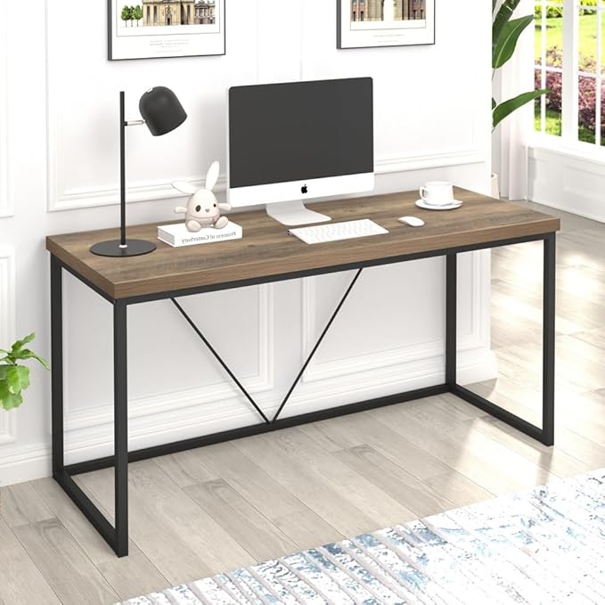FOLUBAN Industrial Computer Desk, Rustic Wood and Metal Writing Desk, Vintage PC Table for Home Office, Oak 60 inch