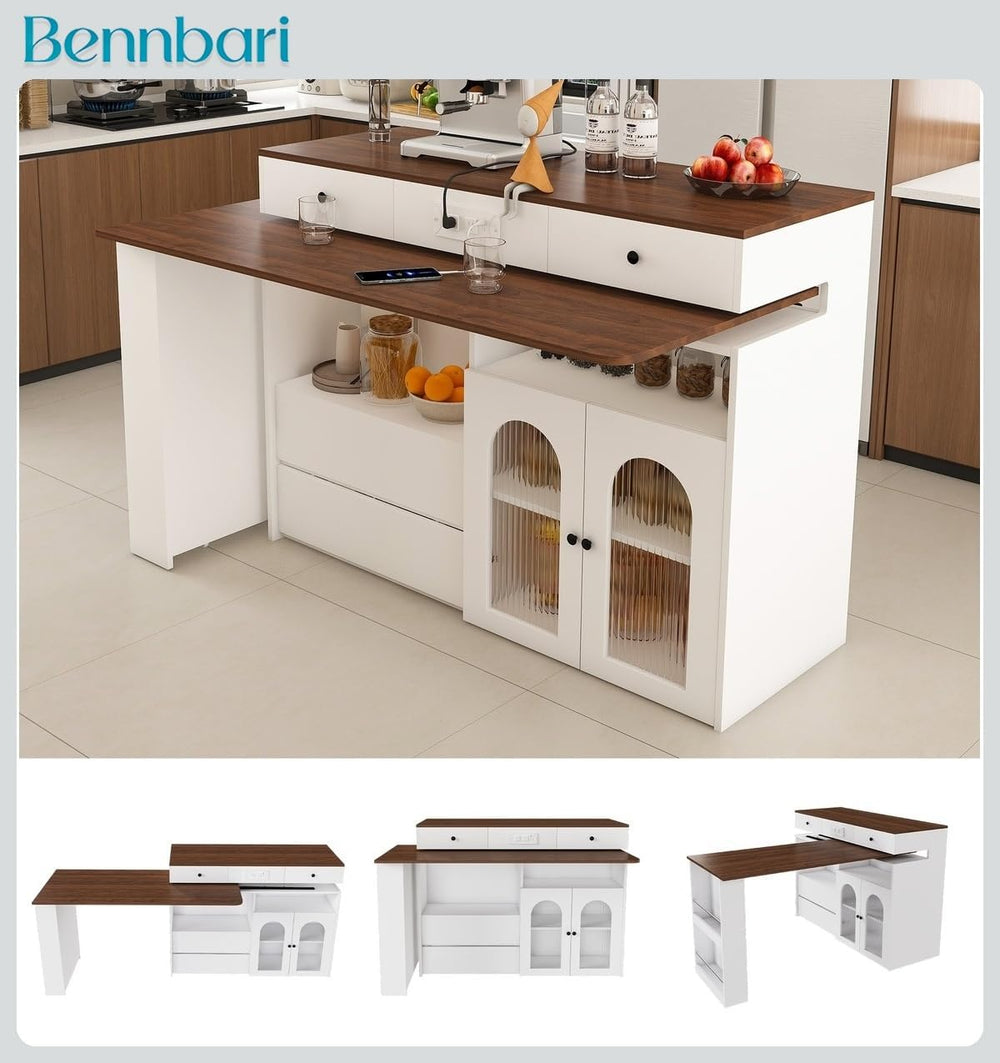 Retro Kitchen Island with Extendable Rotating Tabletop, Power Outlets, Glass ...