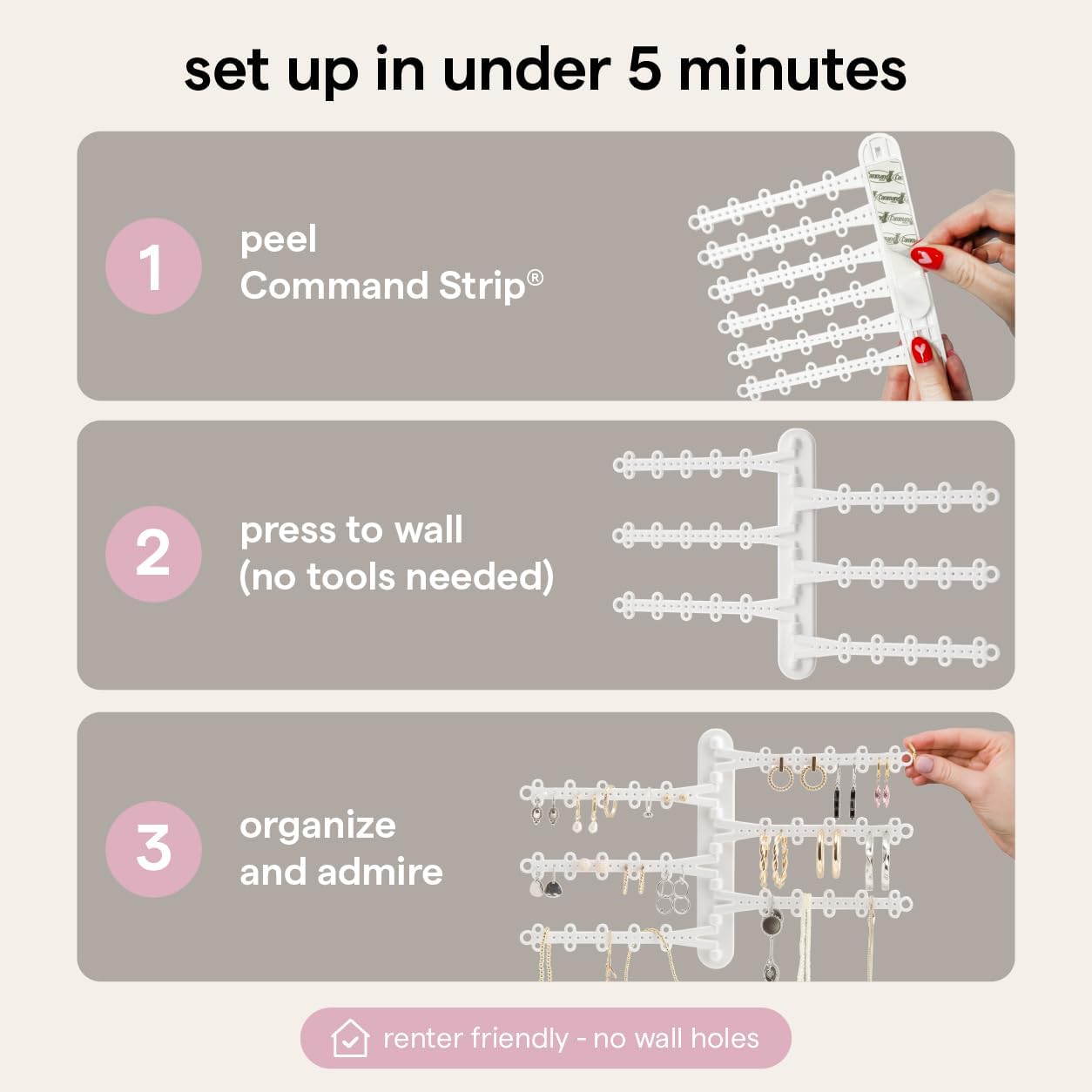 All Hung Up 6-Tier Wall Jewelry Organizer–Jewelry Holder for Necklaces, Earrings, Rings & Bracelets, Rotating Branches Wall Mounted Jewelry Organizer 120 Earring Holes, No-Drill Installation (White)