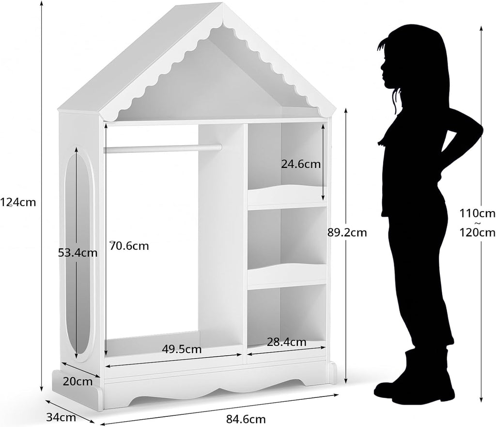 VOWNER Kids Wardrobe Closet with Mirror and Storage Shelves (White) | Dress up closet with hanging rod, shoe rack & 3 hooks, ideal for bedroom, playroom & nursery