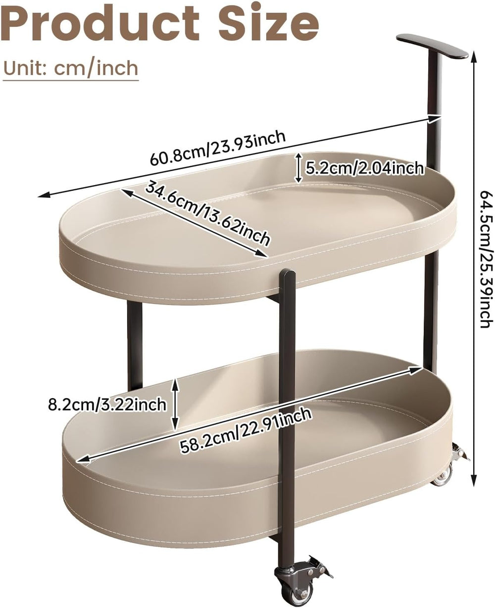 Oval End Table with Storage Shelves, 2-Tier PU Leather Tray Side Table with W...