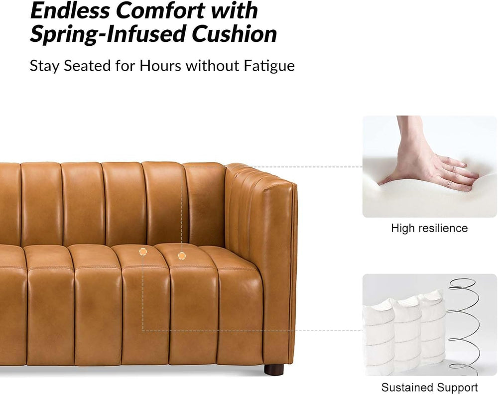 HULALA HOME 83" Genuine Leather Sofa with Channel Tufted Design, Camel