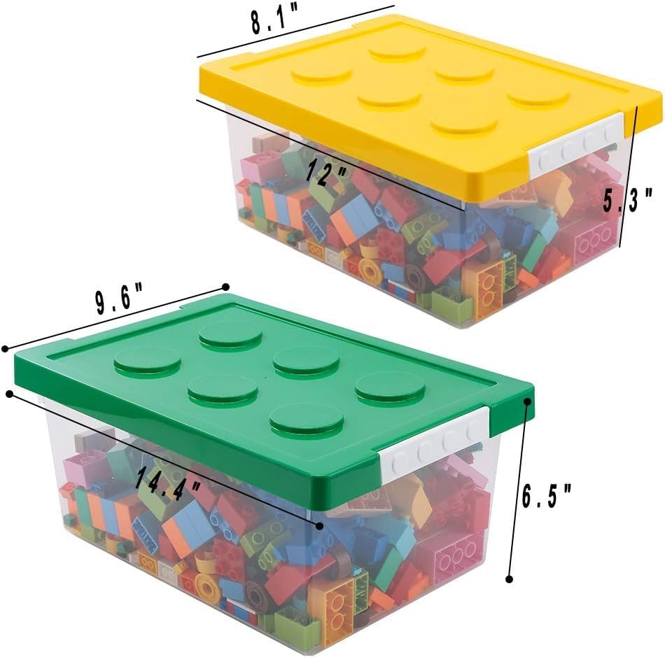 loobuu Plastic Storage Bins with Lids - Stackable Toy Storage Organizer Box Set of 2, Toy Chests with Compatible Building Baseplate and Lid, Storage Container for Building Bricks - Yellow+Green