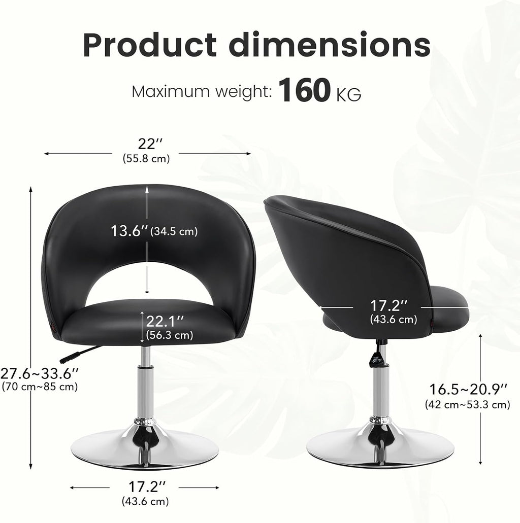 Furniliving Vanity Chair with Arm, PU Leather Chair for Vanity, Swivel Accent Chair, Adjustable Height Makeup Chair with Chrome Base, Living Room Chair for Bedroom, Makeup Room, Study Room, Black