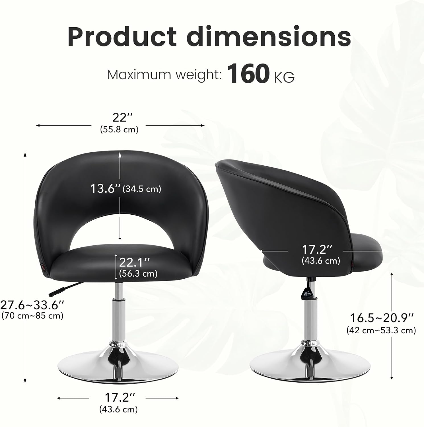 Furniliving Vanity Chair with Arm, PU Leather Chair for Vanity, Swivel Accent Chair, Adjustable Height Makeup Chair with Chrome Base, Living Room Chair for Bedroom, Makeup Room, Study Room, Black