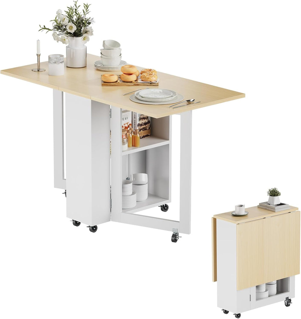 LotFun Folding Dining Table, Space-Saving Dining Table with 6 Rolling Wheels ...