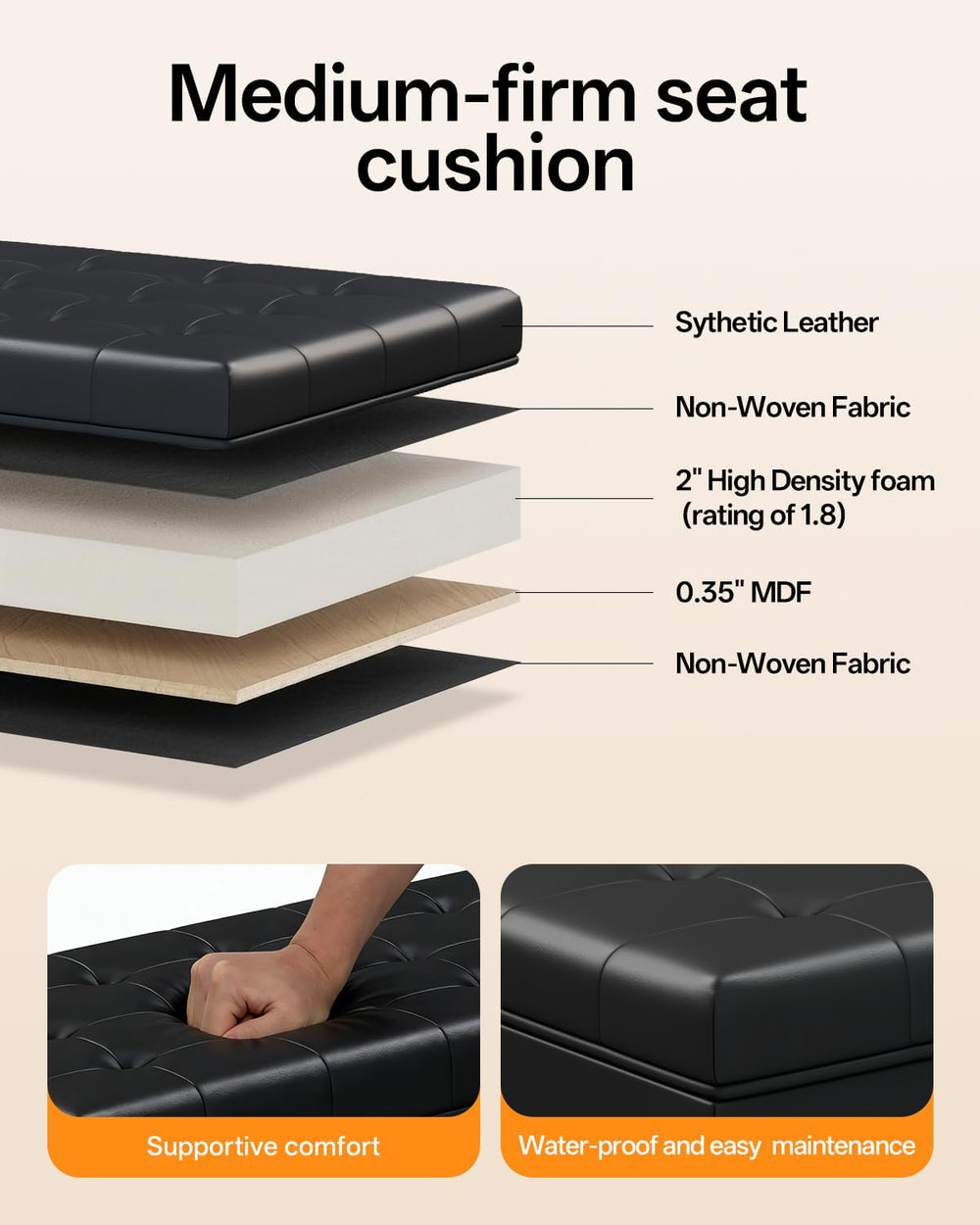 ABHENG Synthetic leather Storage ottoman bench with legs,43.5”W x 15.7”D x 15...