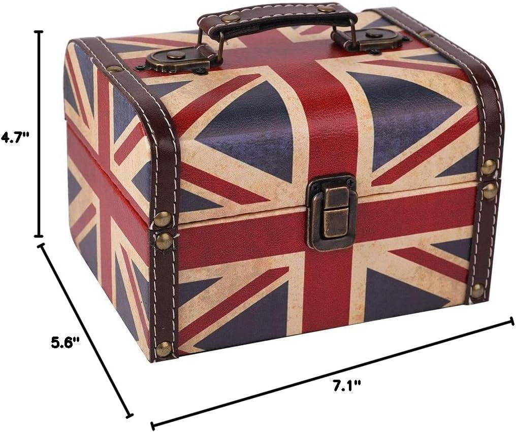 WaaHome Treasure Box 7.1'' British Flag Decorative Wooden Jewelry Keepsake Storage Box with Lids - Vintage Treasure Chest for Kids Girls Women Men, Home Decor