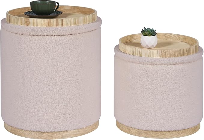 PINPLUS Round Ottoman with Storage Set of 2, Vanity Stool with Storage, Small Ottoman with Tray Teddy Velvet Foot Rest Stool Ottoman for Bedroom, Living Room, Dorm (Beige)