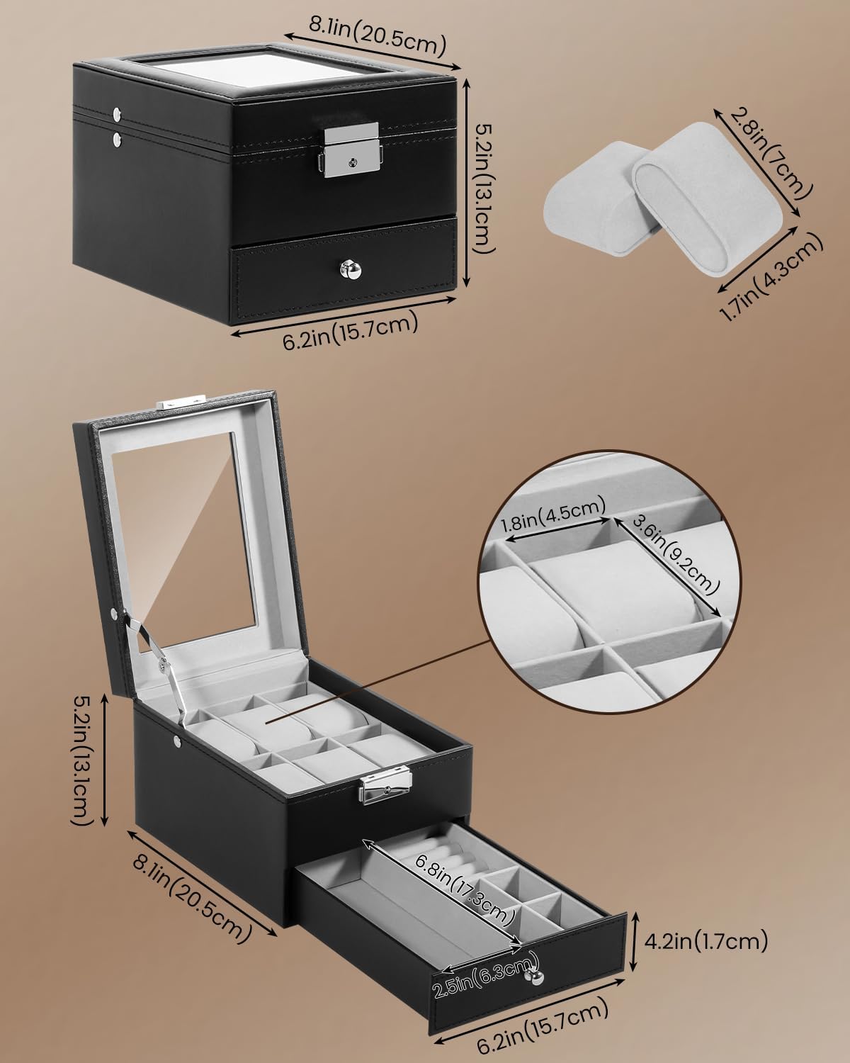 Uten 6-Slot Watch Box, 2-Layers PU Leather Watch Case with Glass Lid, Watch Holder Organizer with Soft Pillow and Velvet Lining, Watch and Jewelry Storage Box