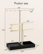 Vlando 2 Tier Jewelry Stand Organizer with Tary, Leather Jewelry Holder Display for Women, Gold Jewlery Holder Stand for Necklace, Earring, Bracelet, Rings - Black