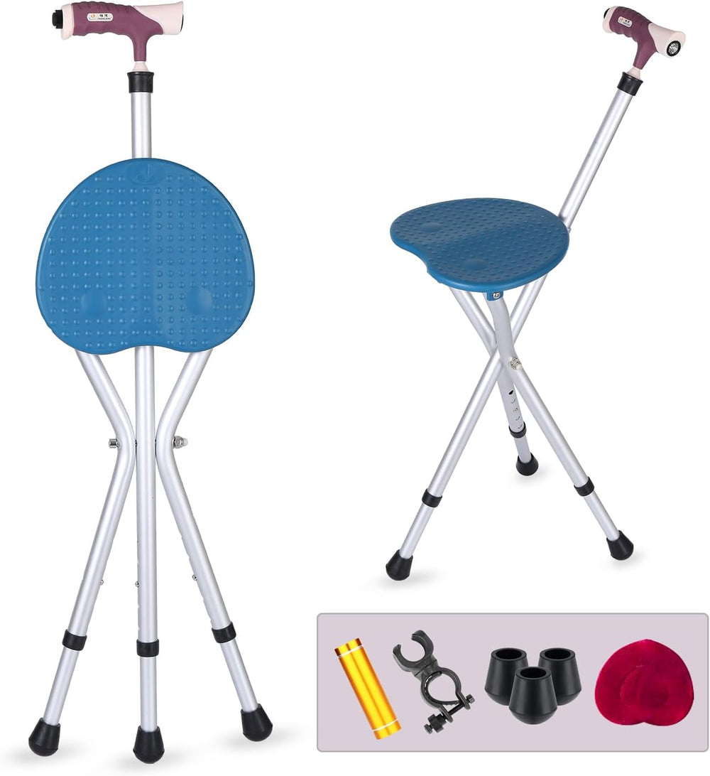 Folding Stool with LED Light, Adjustable Walking Cane Seat, Portable Tripod C...