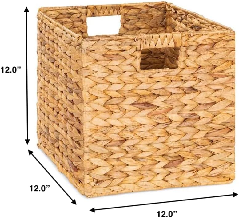 M4DECOR 12x12x12 Storage Cube, Water Hyacinth Storage Baskets, Wicker Storage Baskets for Shelves, Woven Baskets for Storage, Square Wicker Storage Basket for Bedroom, Living Room (4 Packs 12x12in)