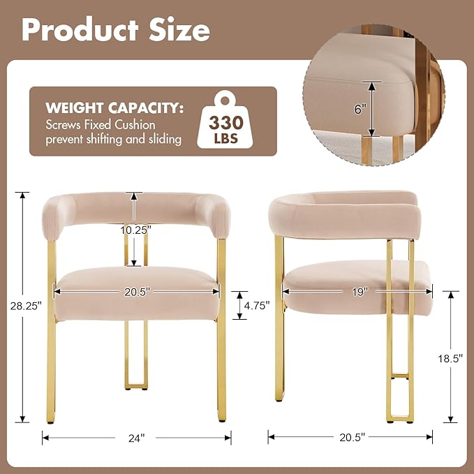 Velvet Dining Chairs Set of 4, Khaki Upholstered Barrel Armchairs with Gold M...