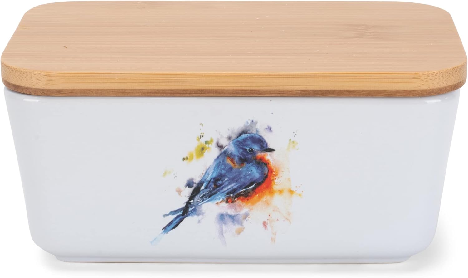 Nat & Jules Dean Crouser Ceramic Stoneware 1/2 Pound, 2 Sticks Butter Dish Airtight Bamboo Lid, Kitchen Accessory, Container Holder, Refrigerator Storage, Countertop Organization, Watercolor Bluebird