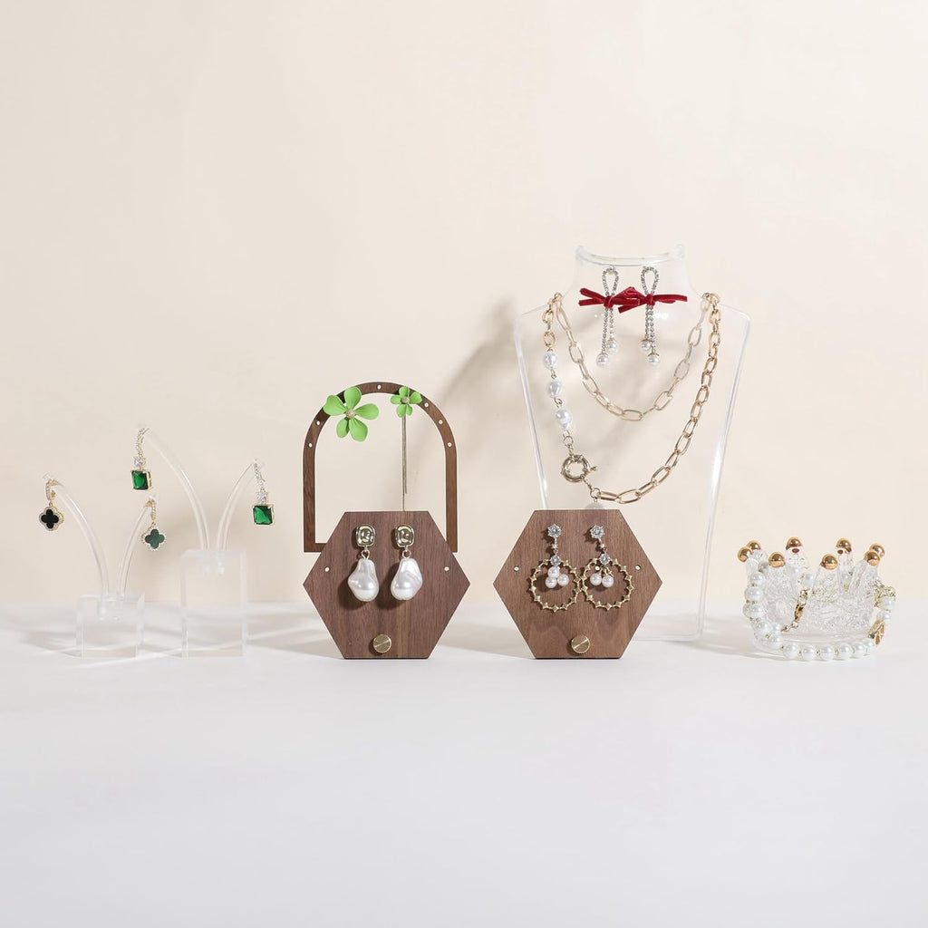 GemeShou 3pcs wooden jewelry earring organizer holder, walnut earring studs stand for boutique store, cute earring display for selling with 6 holes on each【Earring stand-Hexagon-3pcs】