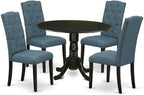 East West Furniture DLCE5-BLK-21 5 Piece Kitchen Table & Chairs Set Includes a Round Dining Table with Dropleaf and 4 Mineral Blue Linen Fabric Upholstered Chairs, 42x42 Inch, Black