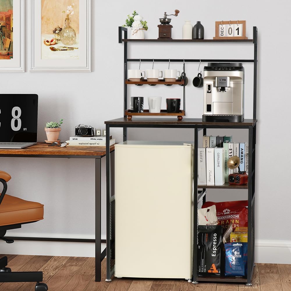 LUCKUP Mini Fridge Cabinet Microwave Stand with Shelf Storage, 4 Tiers Kitchen Bakers Rack with Adjustable Feet for Kitchen Dorm Space Saving, Rustic Brown