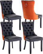 Dining Chairs Set of 4, Upholstered Dining Room Chairs with Back Ring Pull Trim and Solid Wooden Legs, Modern Tufted Kitchen Chairs Perfect for Dining Room, Black Pu Leather Splicing Orange Velvet
