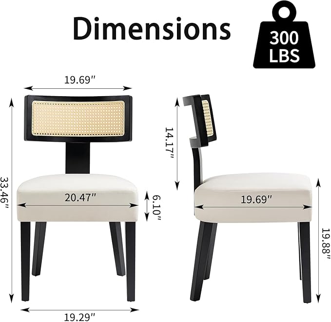 Dining Chairs Set of 2,Mid-Century Modern Dining Chairs-Upholstered Rattan Seats with Black Hardwood Frame, Farmhouse Curved Backrest Armless Kitchen Chairs for Kitchen, Dining & Living Room, Cream
