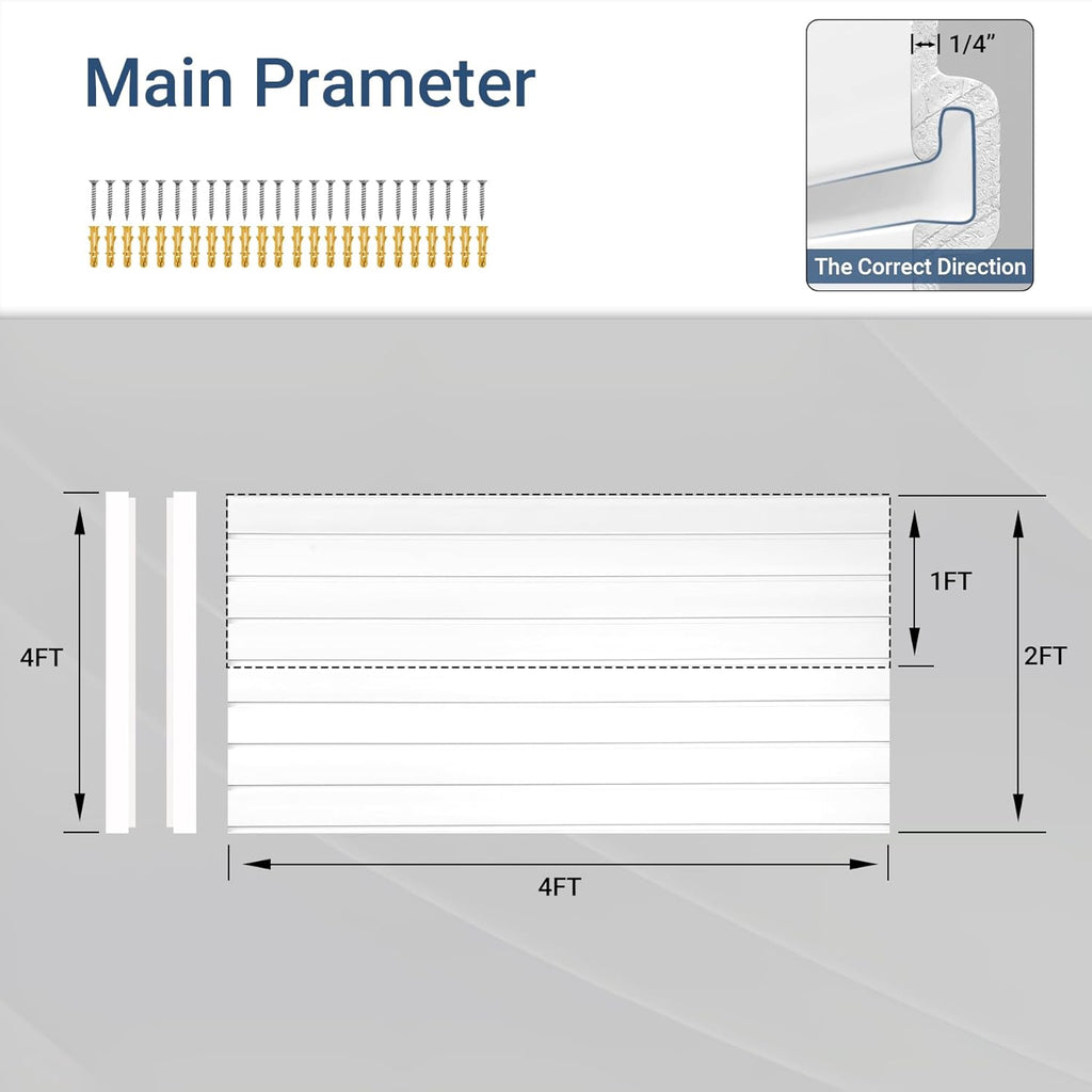 4FT x 2FT Modern White PVC Slatwall Panel, Wall Mounted, 1 Shelf, Garage Storage, 75 lbs Weight Capacity