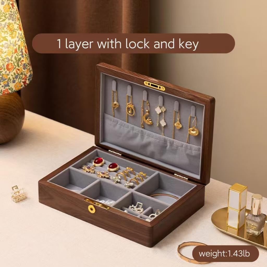 Bescott 2 Layers Solid Black Walnut Wooden Jewelry Box for Women with Lock and Key Wood Vintage Organizer for Men Earrings Rings Necklaces Bracelet Storage Mother's Day Gift
