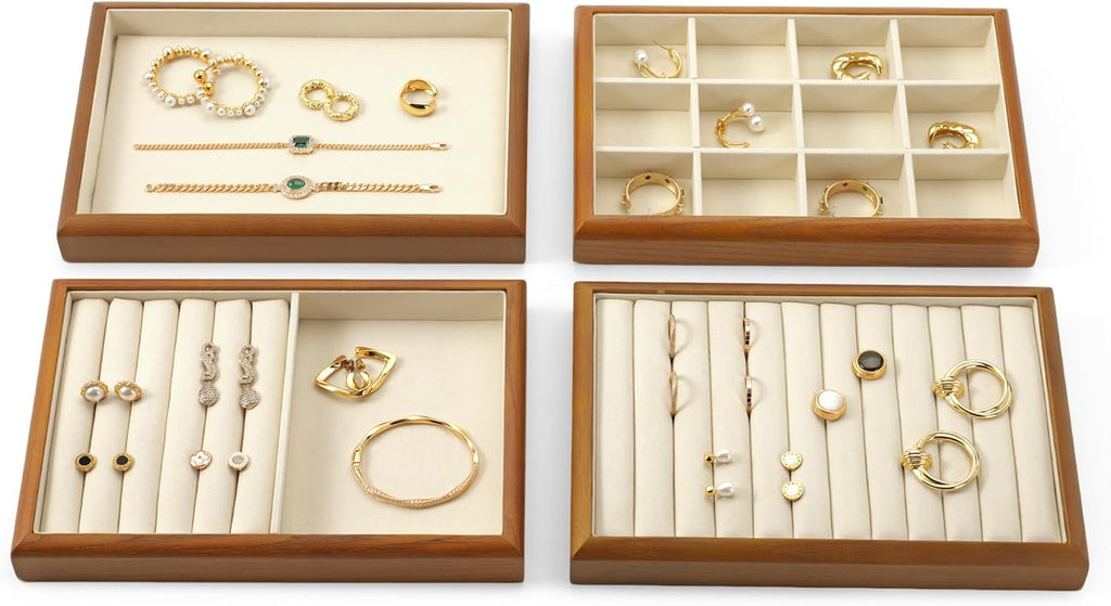 Oirlv Solid Wood Stackable Jewelry Organizer Tray Jewelry Drawer Organizer(Creamy-white)