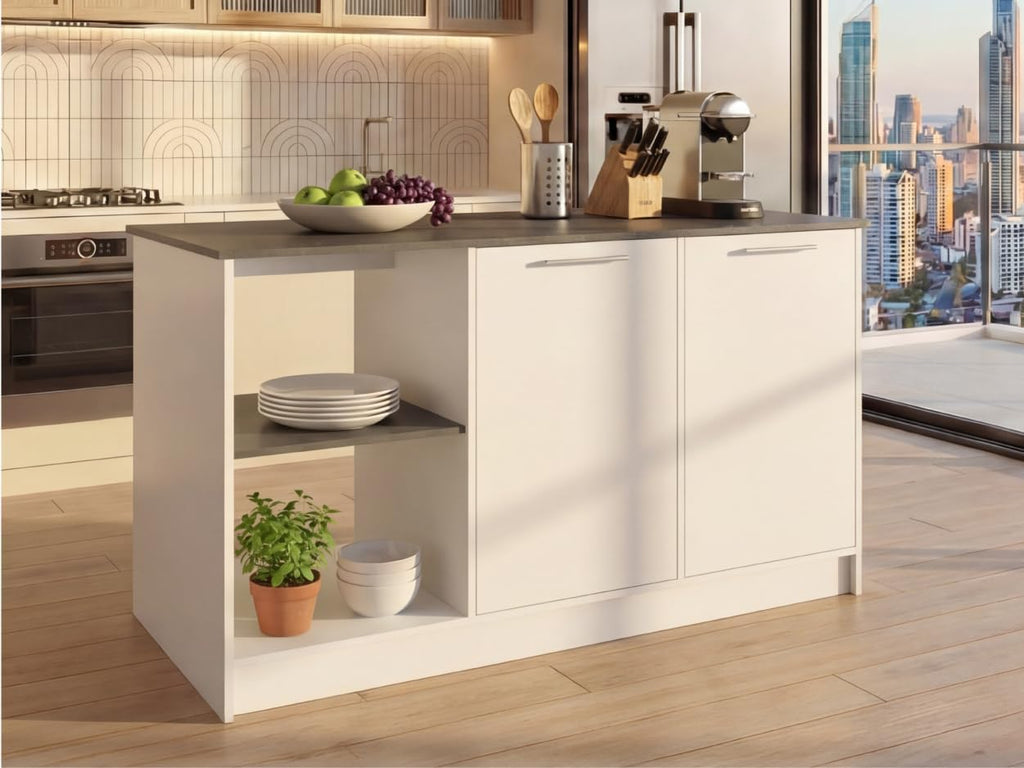 Tuhome Juniper Kitchen Island with Storage, 59in Wide Prep Top, 2-Door Cabinet with Interior Shelves and Dual Open Shelves, Engineered Wood, White/Light Oak