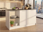 Tuhome Juniper Kitchen Island with Storage, 59in Wide Prep Top, 2-Door Cabinet with Interior Shelves and Dual Open Shelves, Engineered Wood, White/Light Oak
