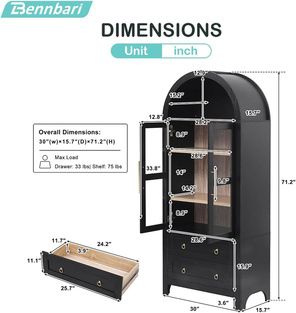 71" Tall Arched Kitchen Pantry Cabinet with 2 Large Drawers and Adjustab...